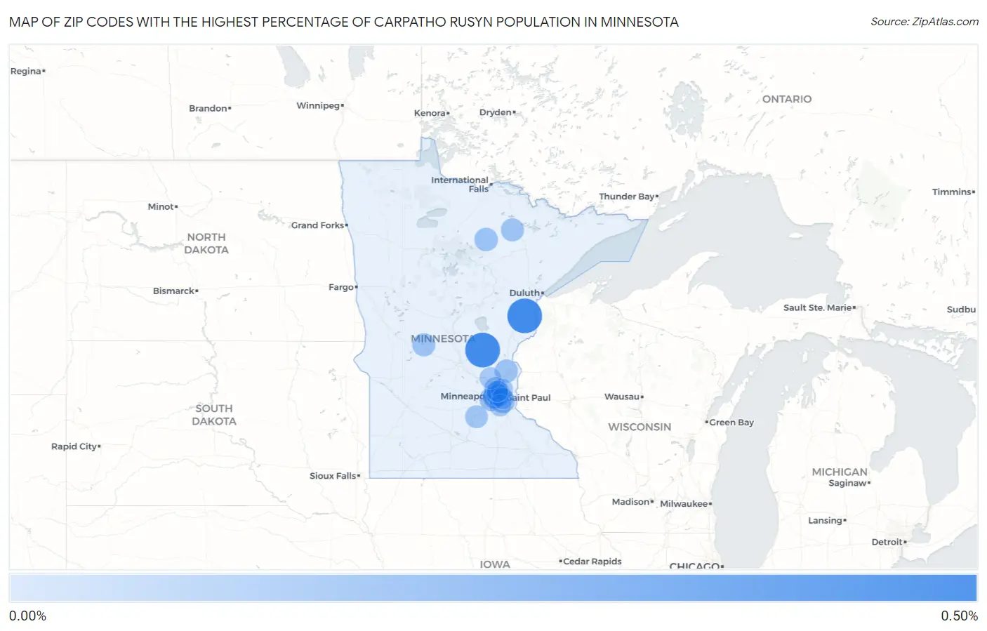Zip Codes with the Highest Percentage of Carpatho Rusyn Population in Minnesota Map