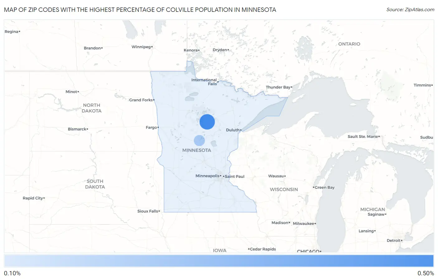 Zip Codes with the Highest Percentage of Colville Population in Minnesota Map