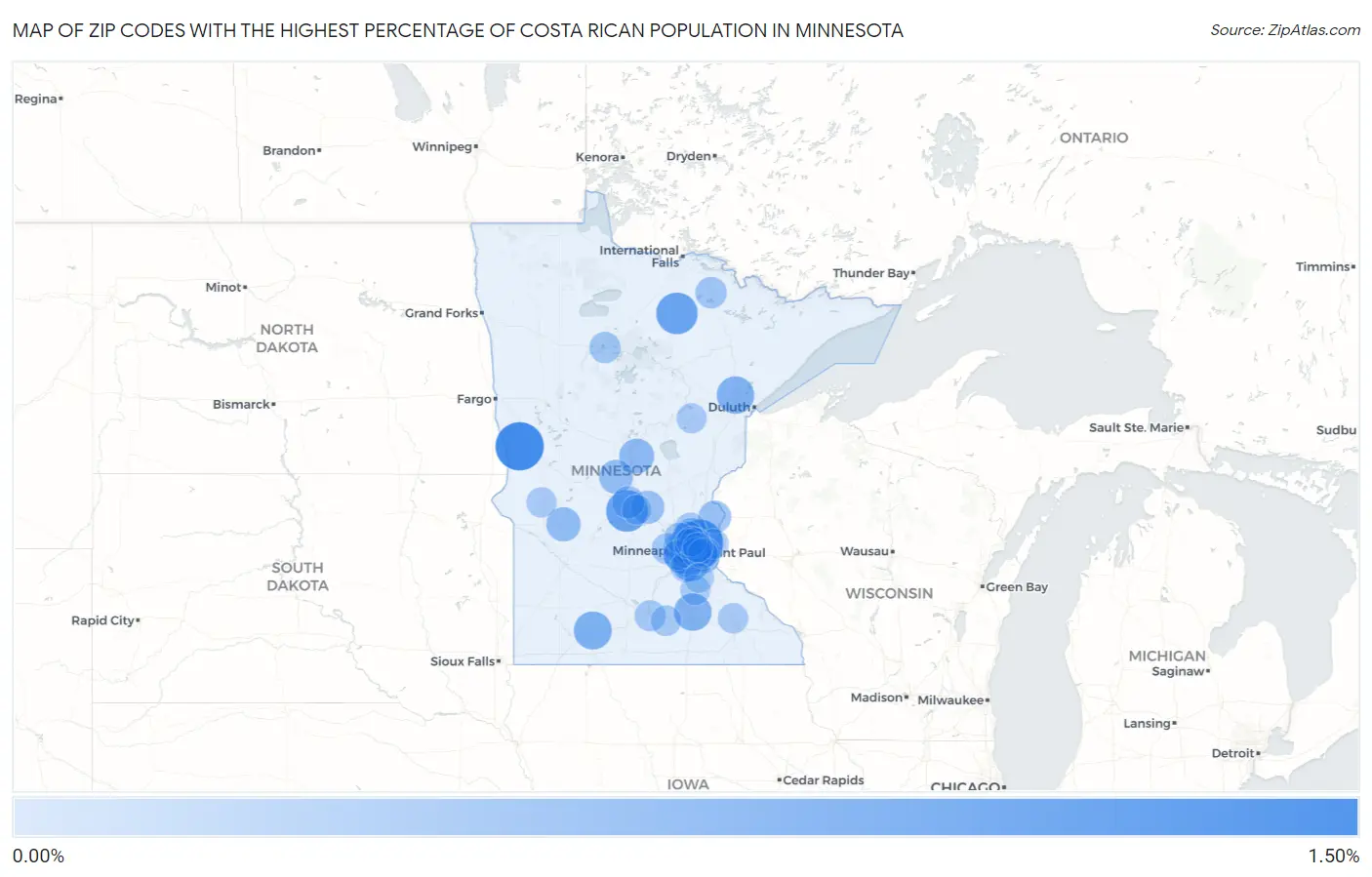 Zip Codes with the Highest Percentage of Costa Rican Population in Minnesota Map