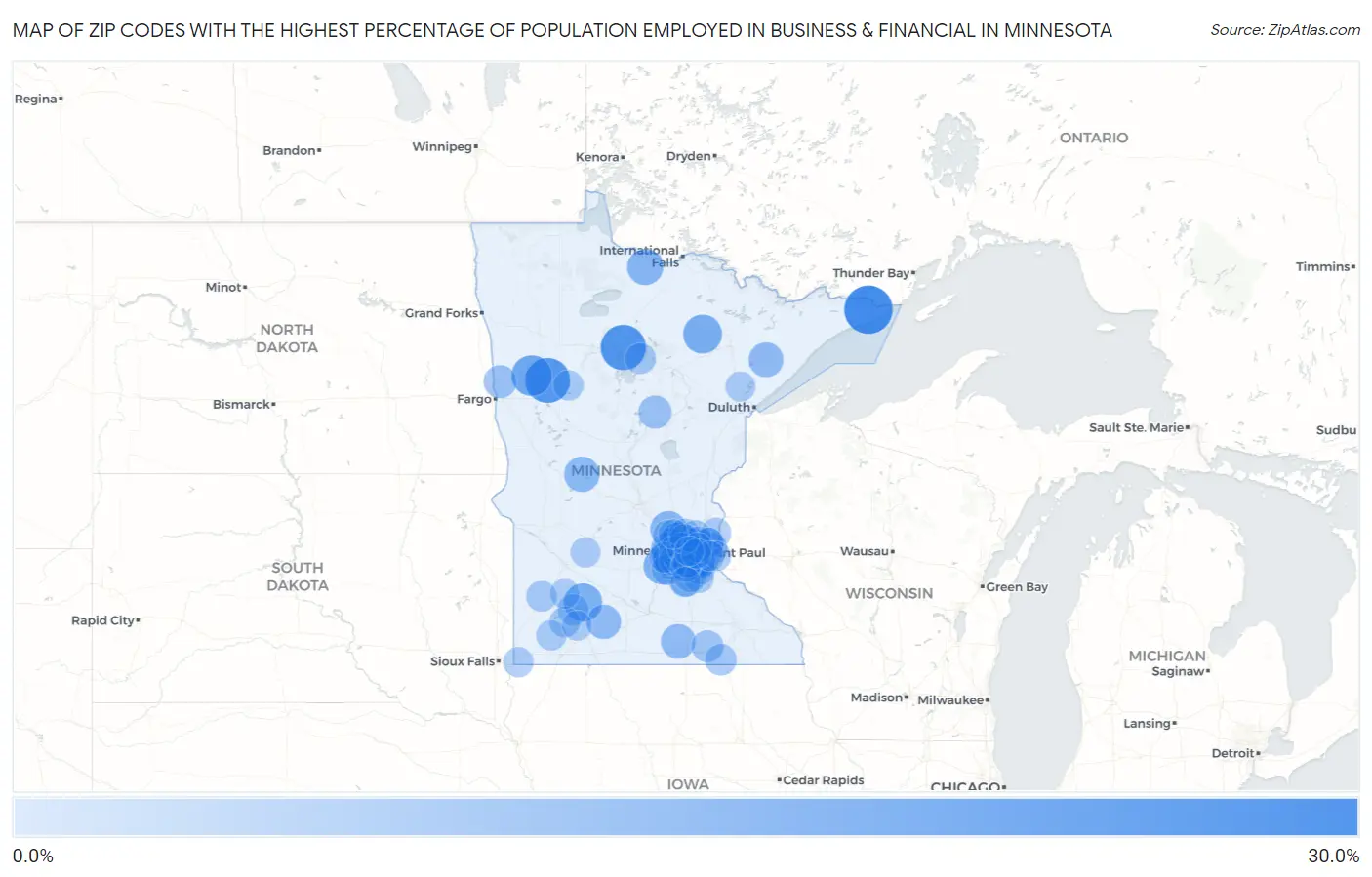 Zip Codes with the Highest Percentage of Population Employed in Business & Financial in Minnesota Map