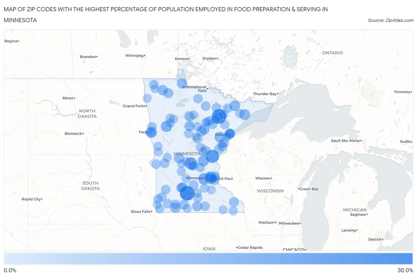 Zip Codes with the Highest Percentage of Population Employed in Food Preparation & Serving in Minnesota Map