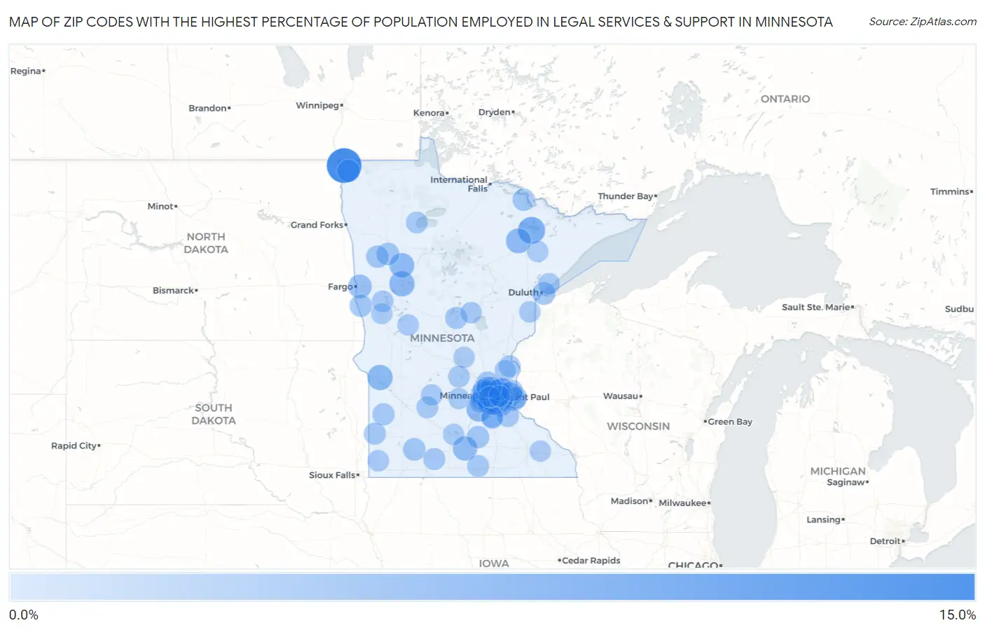 Zip Codes with the Highest Percentage of Population Employed in Legal Services & Support in Minnesota Map