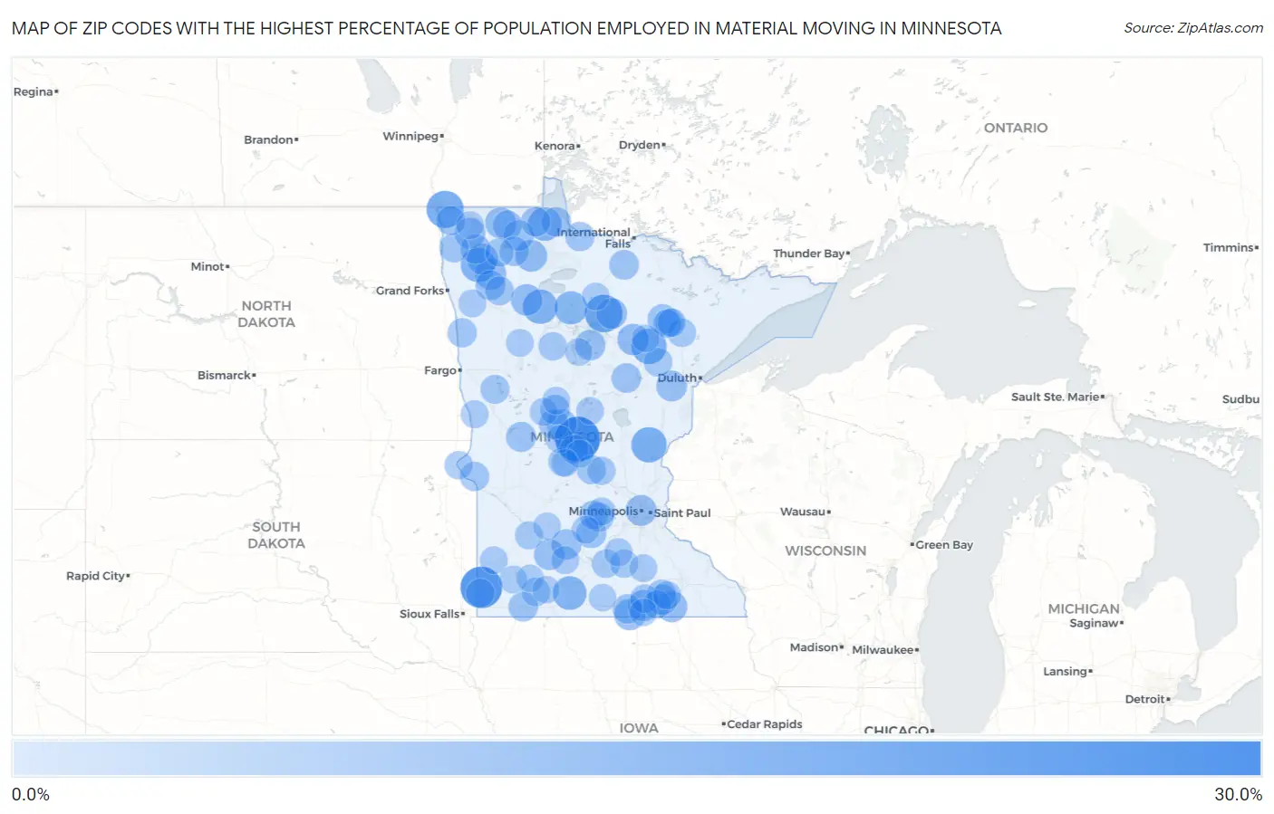 Zip Codes with the Highest Percentage of Population Employed in Material Moving in Minnesota Map