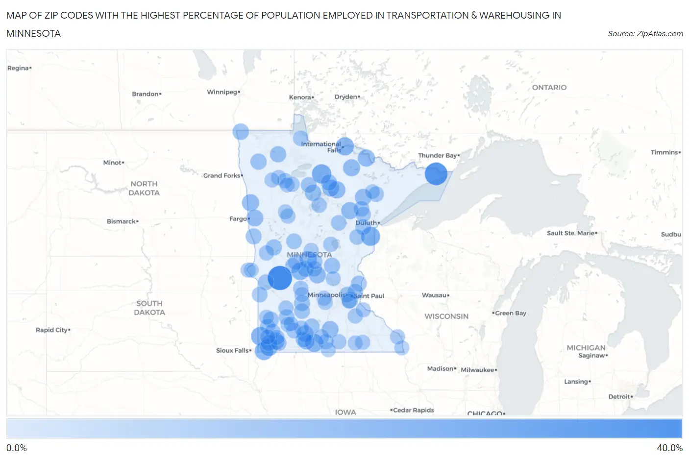 Zip Codes with the Highest Percentage of Population Employed in Transportation & Warehousing in Minnesota Map