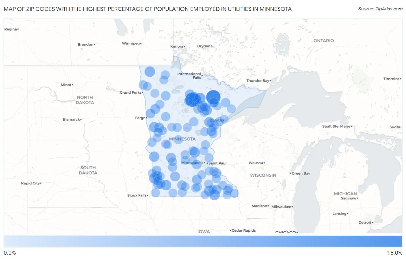 Zip Codes with the Highest Percentage of Population Employed in Utilities in Minnesota Map