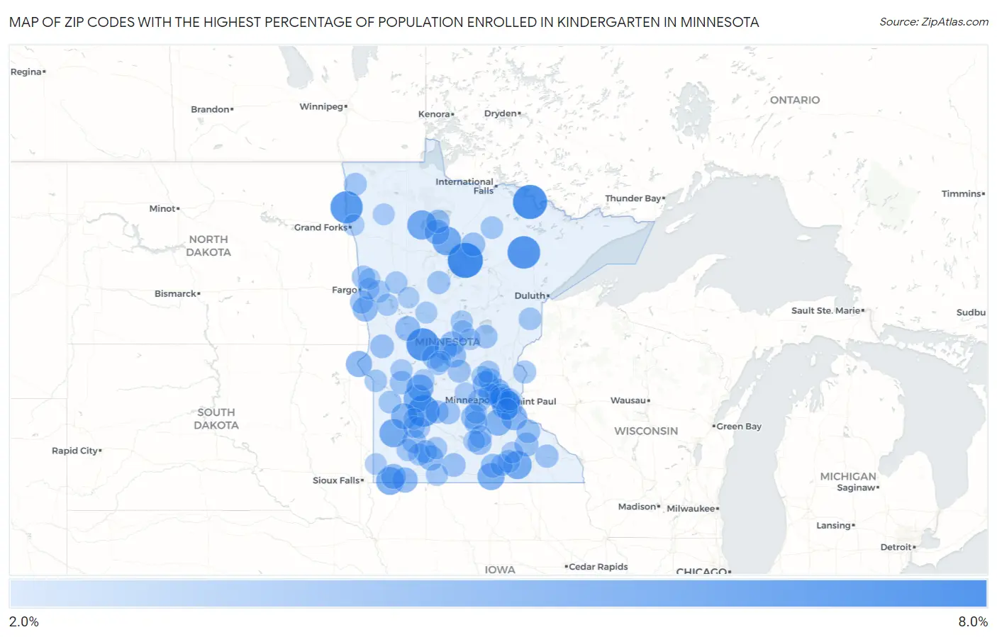 Zip Codes with the Highest Percentage of Population Enrolled in Kindergarten in Minnesota Map