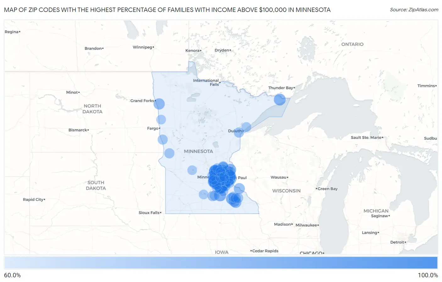 Zip Codes with the Highest Percentage of Families with Income Above $100,000 in Minnesota Map