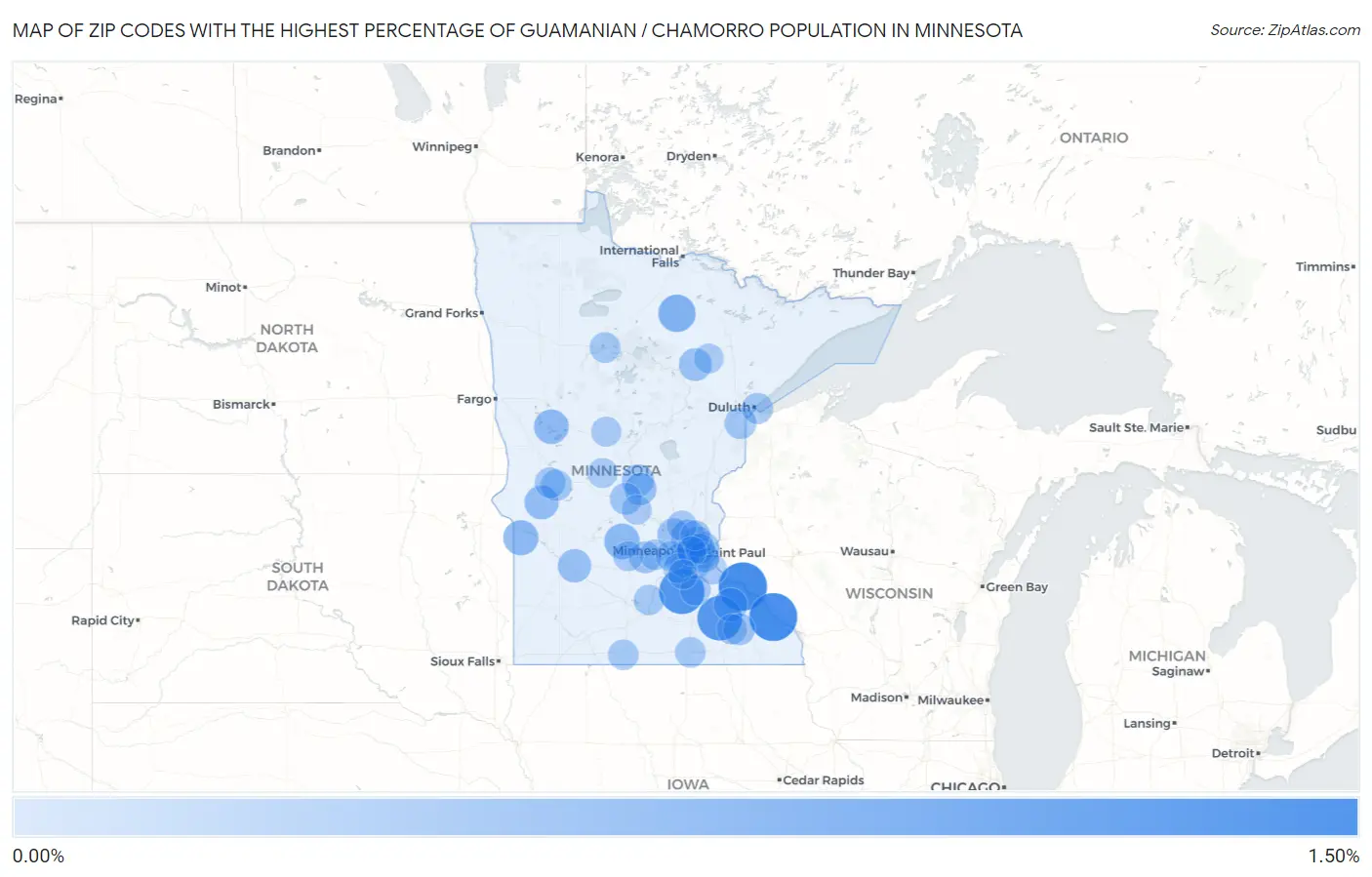 Zip Codes with the Highest Percentage of Guamanian / Chamorro Population in Minnesota Map