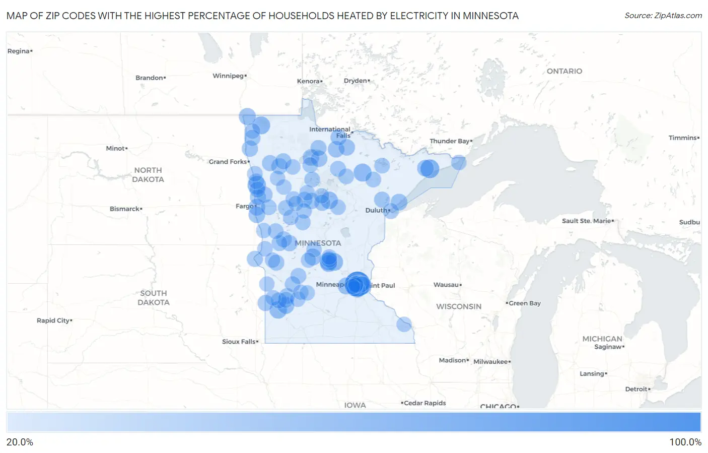 Zip Codes with the Highest Percentage of Households Heated by Electricity in Minnesota Map