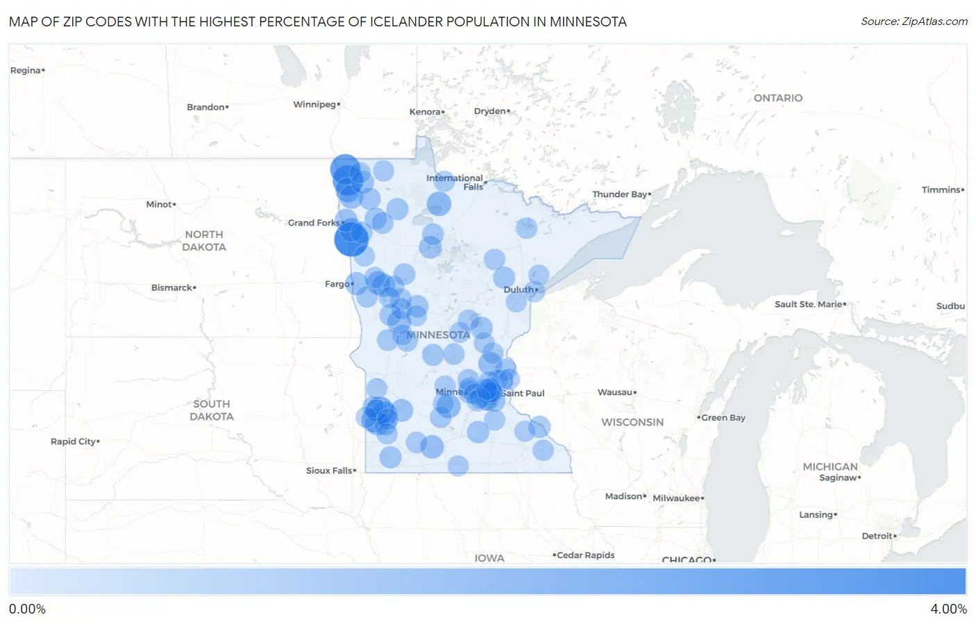 Zip Codes with the Highest Percentage of Icelander Population in Minnesota Map