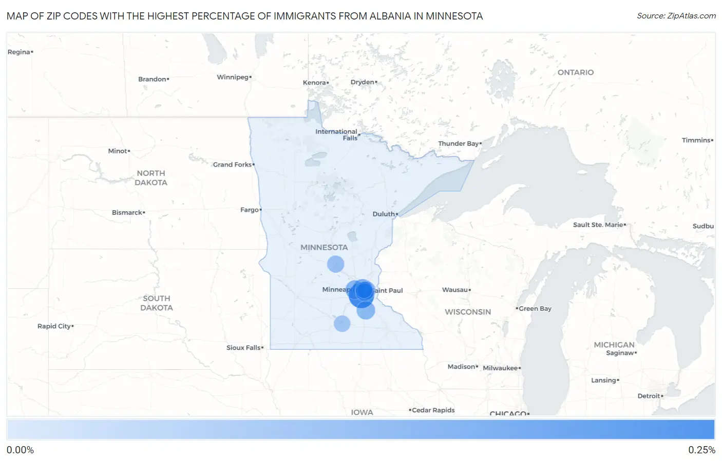 Zip Codes with the Highest Percentage of Immigrants from Albania in Minnesota Map