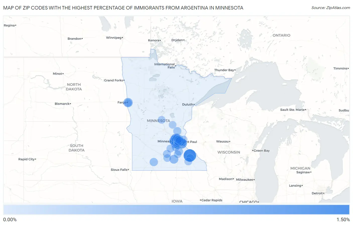 Zip Codes with the Highest Percentage of Immigrants from Argentina in Minnesota Map