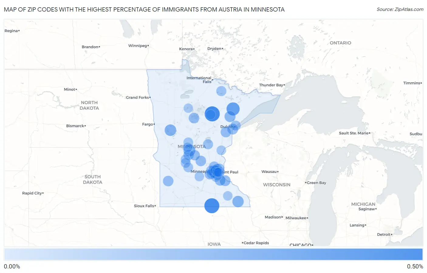 Zip Codes with the Highest Percentage of Immigrants from Austria in Minnesota Map