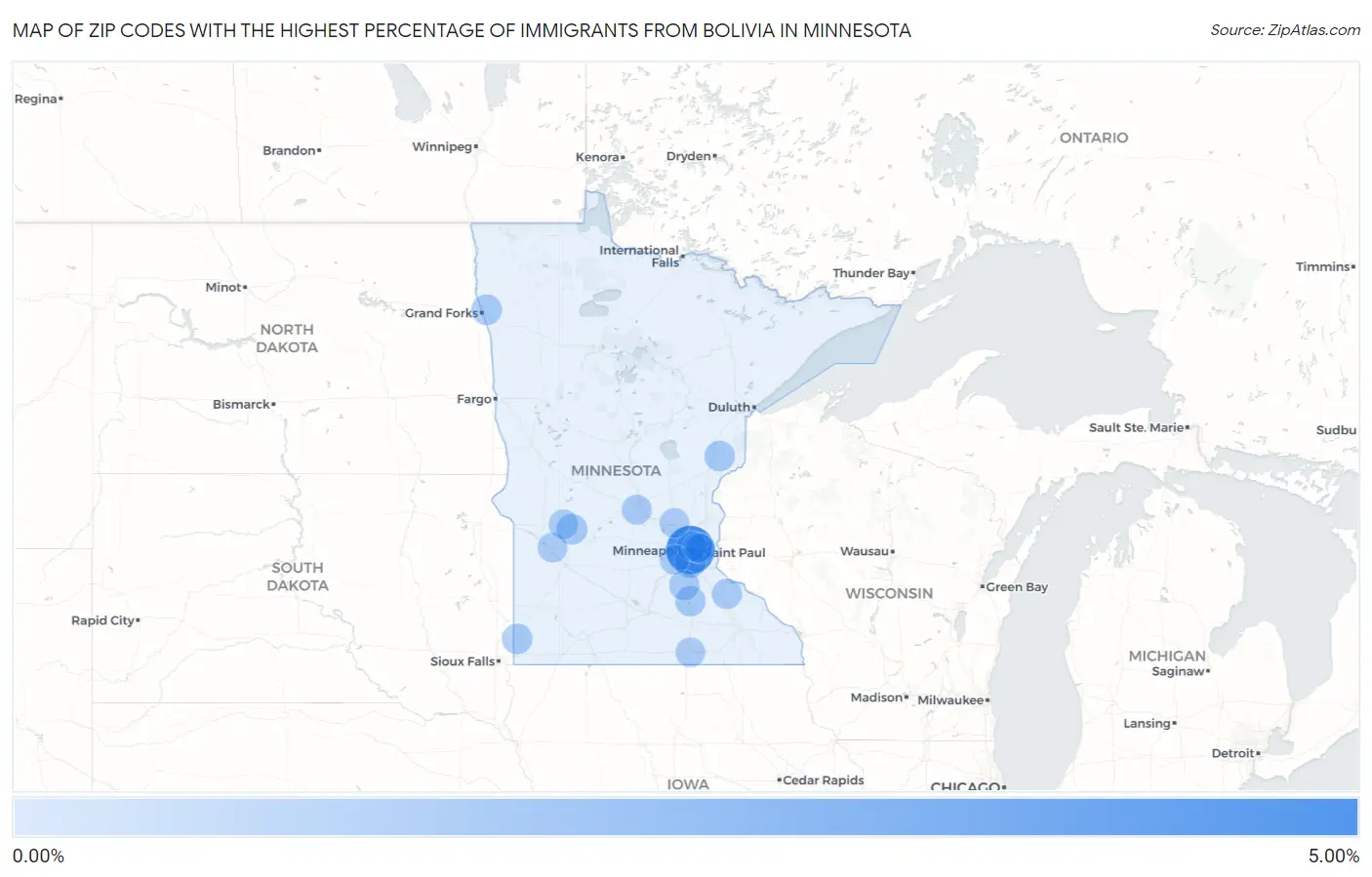 Zip Codes with the Highest Percentage of Immigrants from Bolivia in Minnesota Map