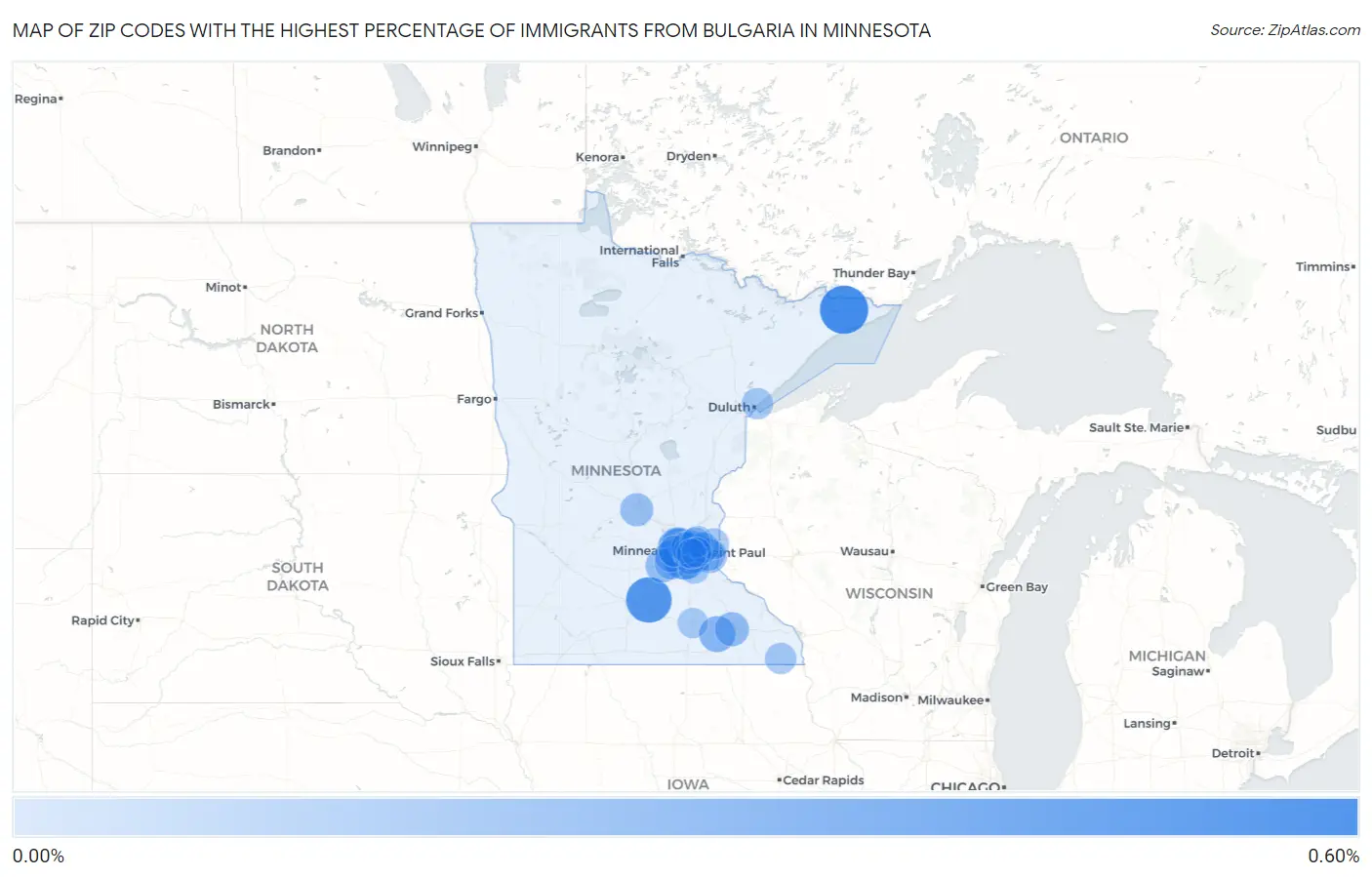 Zip Codes with the Highest Percentage of Immigrants from Bulgaria in Minnesota Map