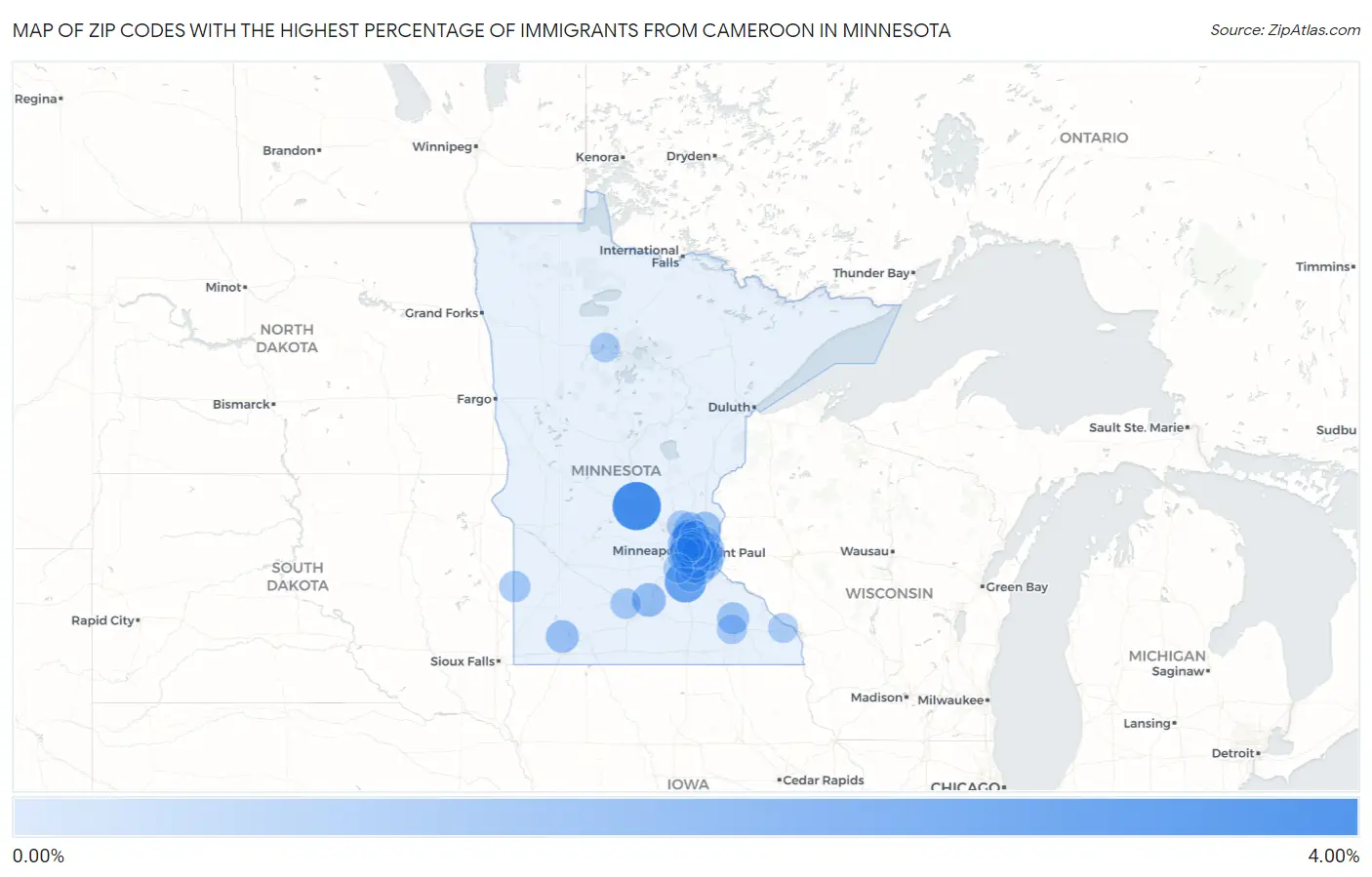 Zip Codes with the Highest Percentage of Immigrants from Cameroon in Minnesota Map