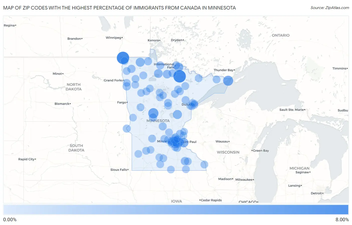 Zip Codes with the Highest Percentage of Immigrants from Canada in Minnesota Map
