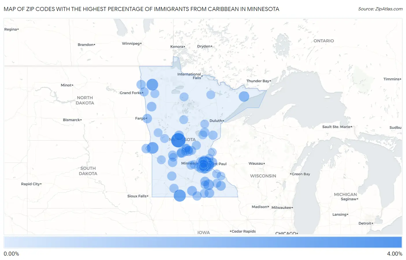 Zip Codes with the Highest Percentage of Immigrants from Caribbean in Minnesota Map