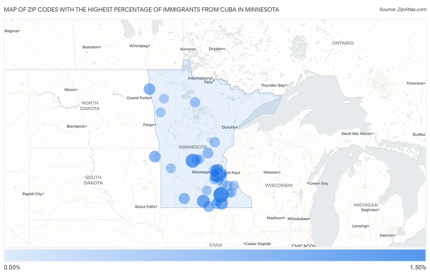 Zip Codes with the Highest Percentage of Immigrants from Cuba in Minnesota Map