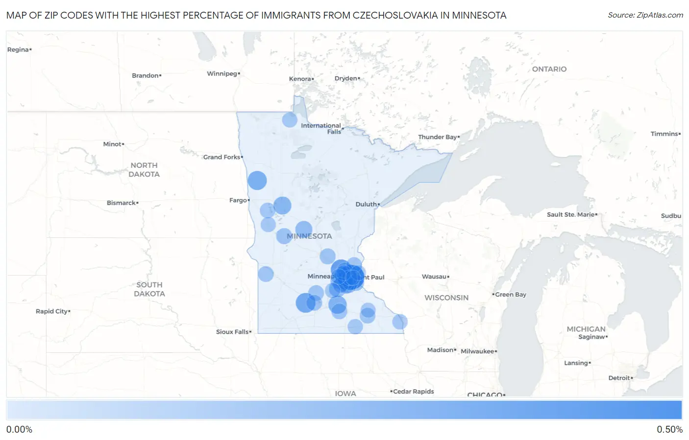 Zip Codes with the Highest Percentage of Immigrants from Czechoslovakia in Minnesota Map