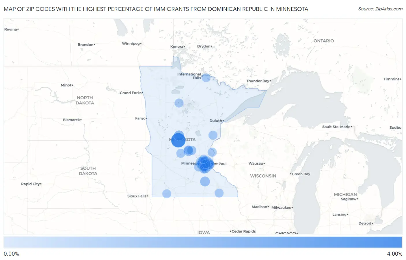 Zip Codes with the Highest Percentage of Immigrants from Dominican Republic in Minnesota Map