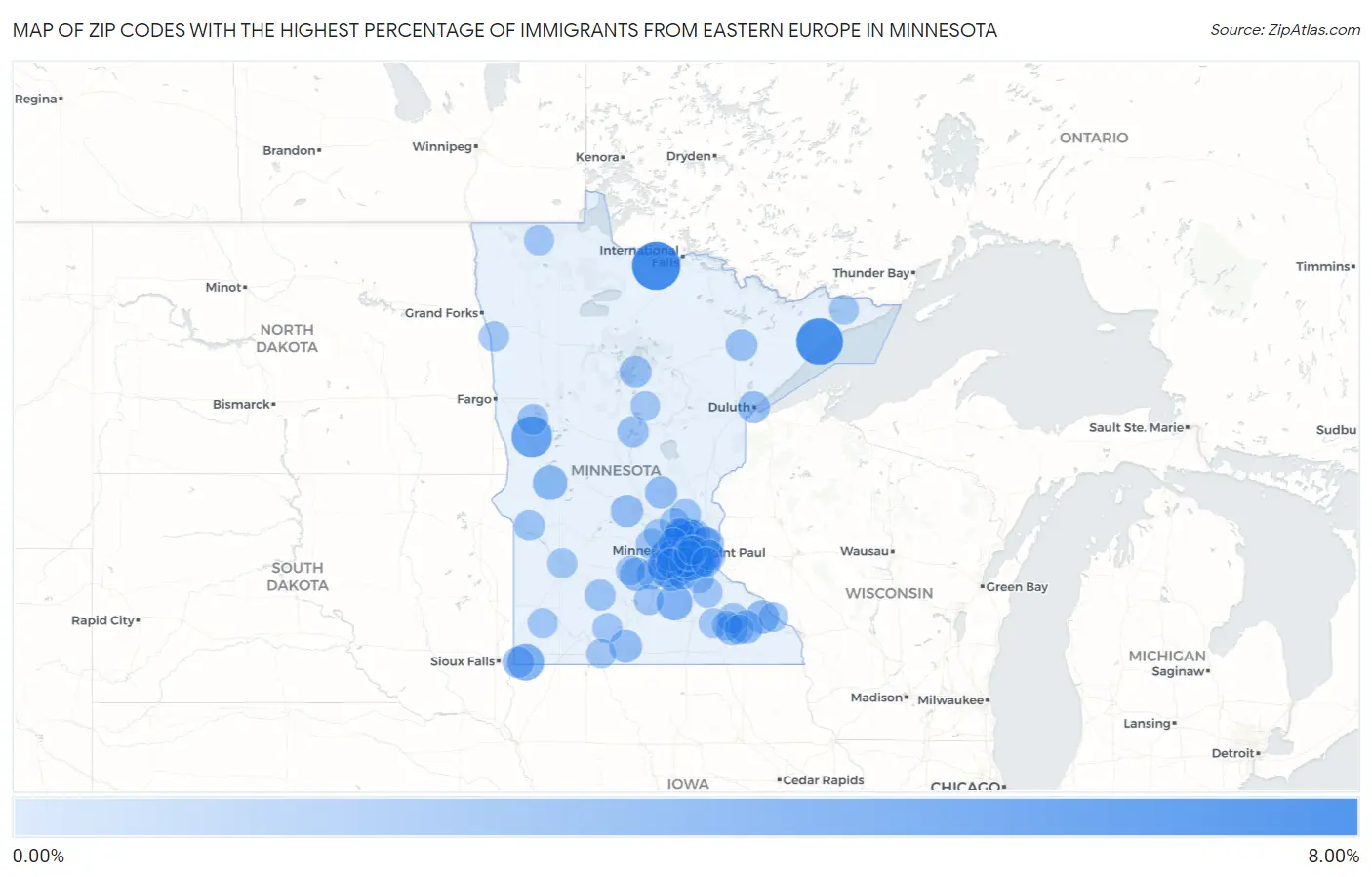 Zip Codes with the Highest Percentage of Immigrants from Eastern Europe in Minnesota Map