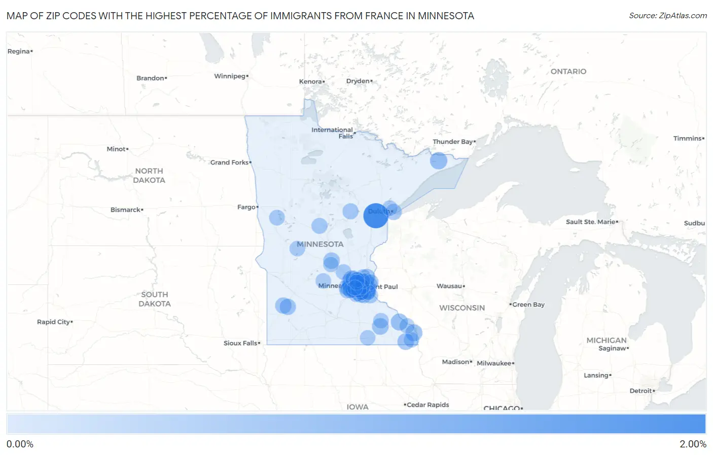 Zip Codes with the Highest Percentage of Immigrants from France in Minnesota Map