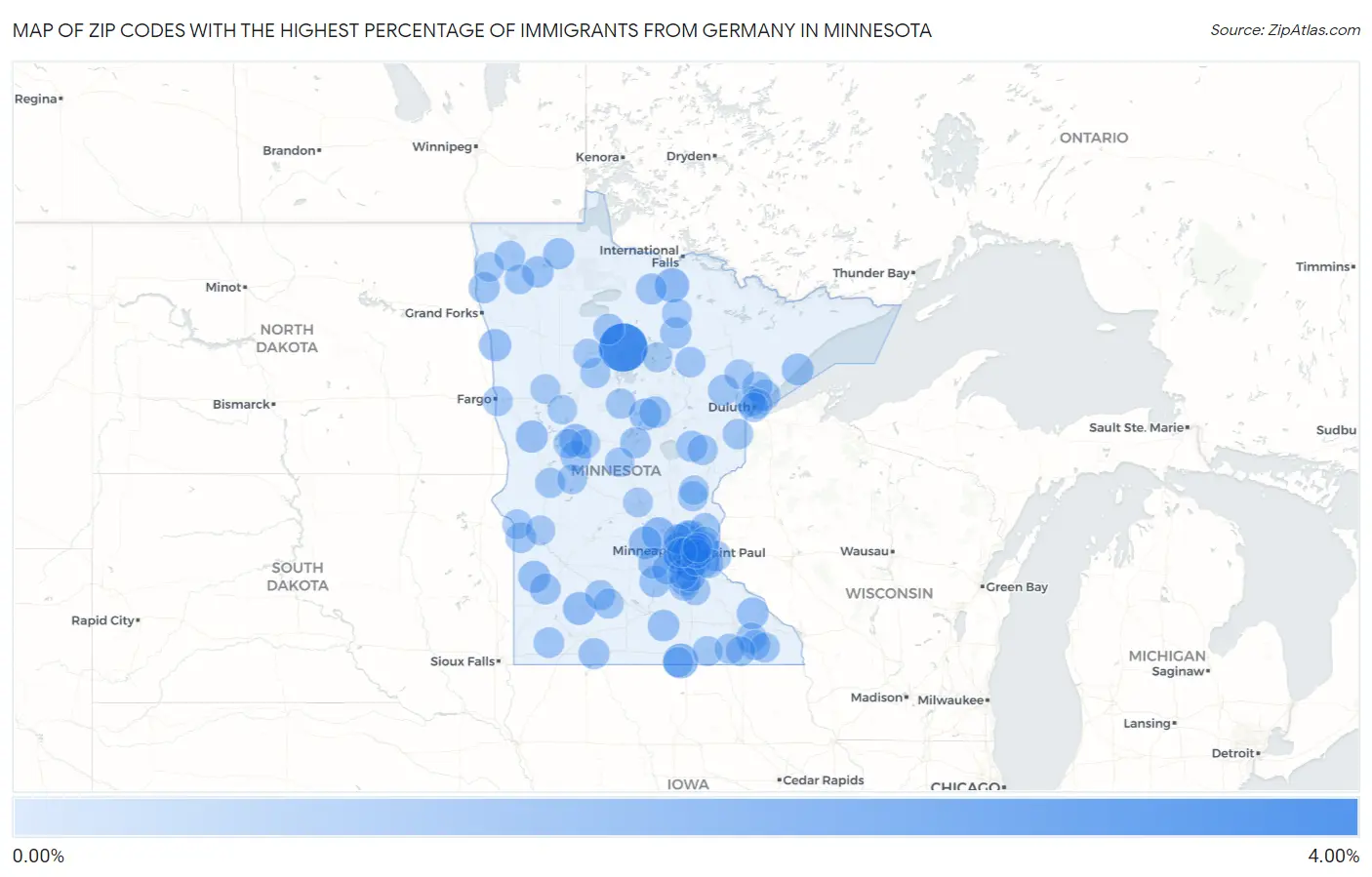 Zip Codes with the Highest Percentage of Immigrants from Germany in Minnesota Map