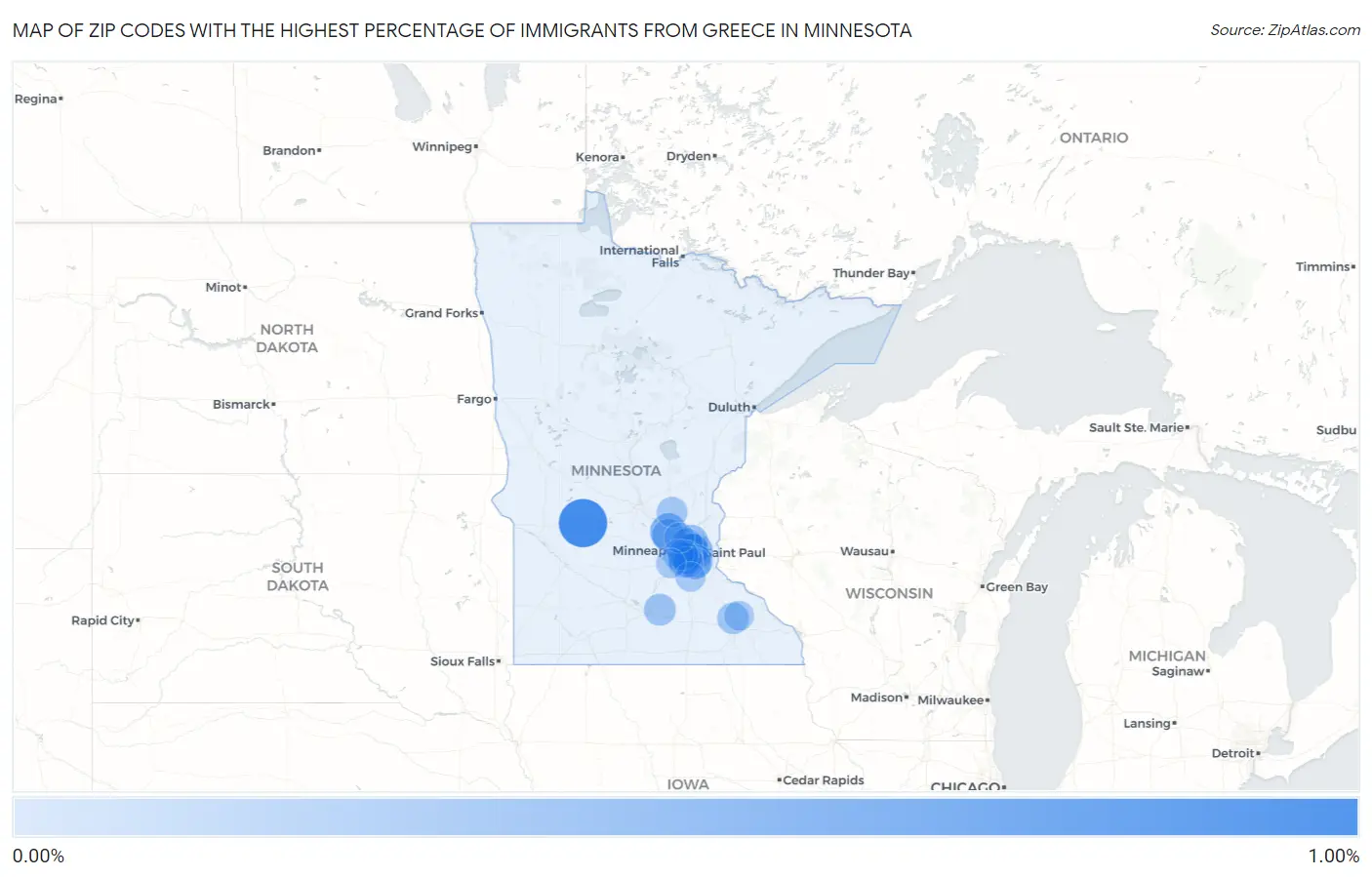 Zip Codes with the Highest Percentage of Immigrants from Greece in Minnesota Map