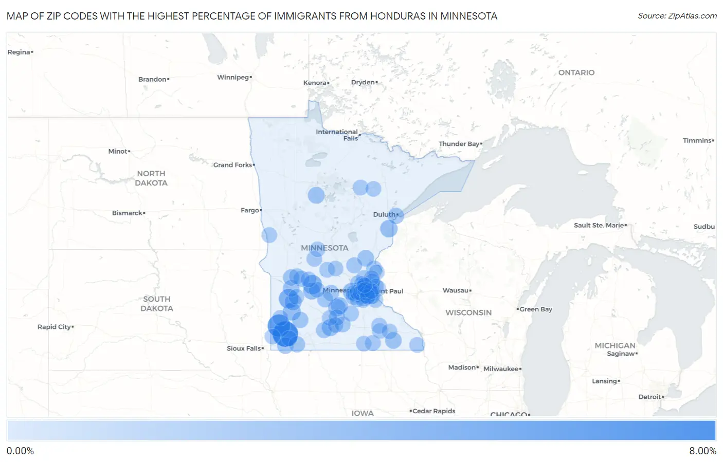 Zip Codes with the Highest Percentage of Immigrants from Honduras in Minnesota Map