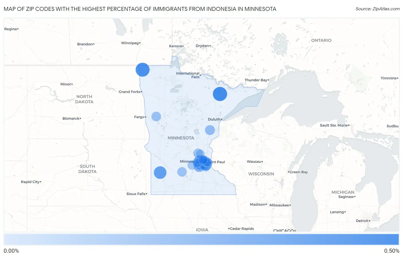 Zip Codes with the Highest Percentage of Immigrants from Indonesia in Minnesota Map