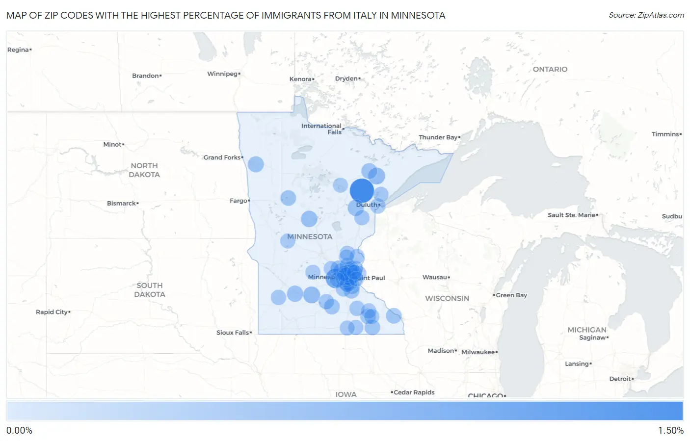 Zip Codes with the Highest Percentage of Immigrants from Italy in Minnesota Map