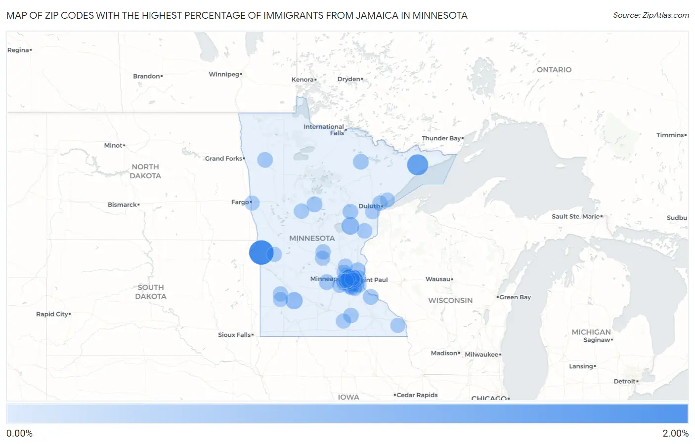 Zip Codes with the Highest Percentage of Immigrants from Jamaica in Minnesota Map