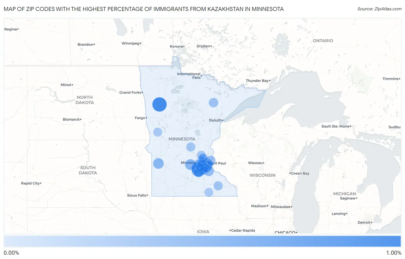 Zip Codes with the Highest Percentage of Immigrants from Kazakhstan in Minnesota Map