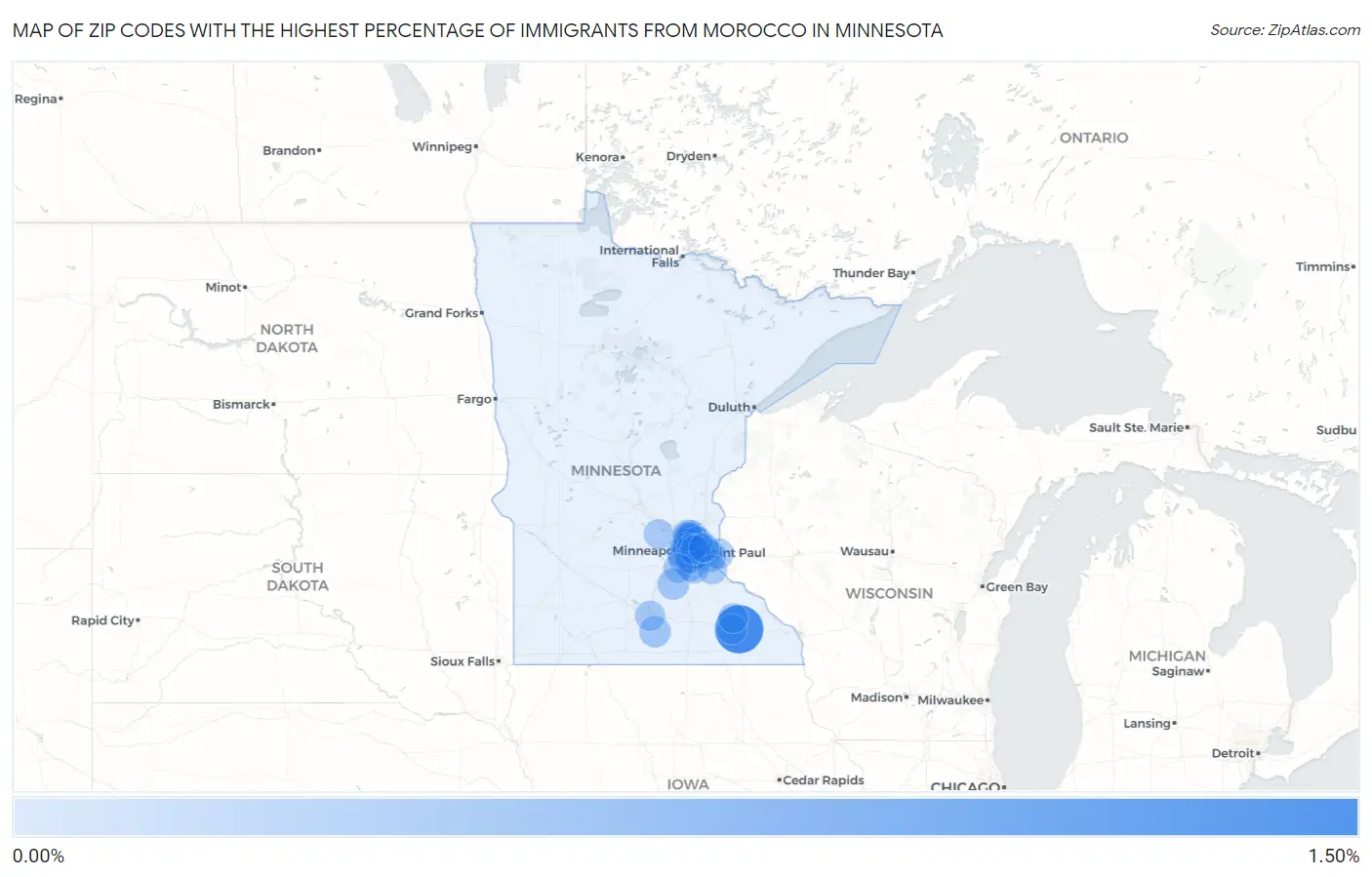 Zip Codes with the Highest Percentage of Immigrants from Morocco in Minnesota Map