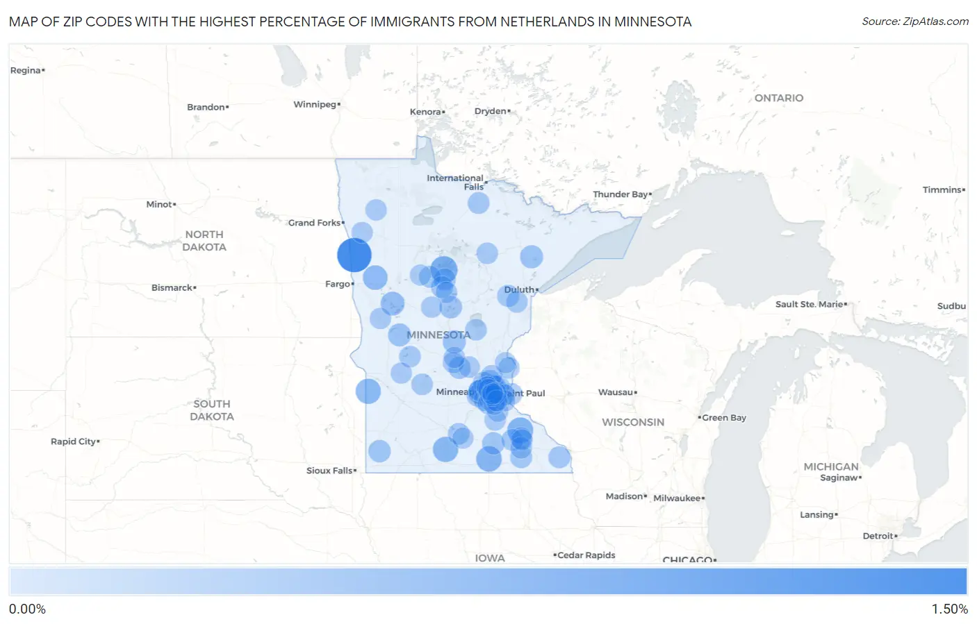 Zip Codes with the Highest Percentage of Immigrants from Netherlands in Minnesota Map