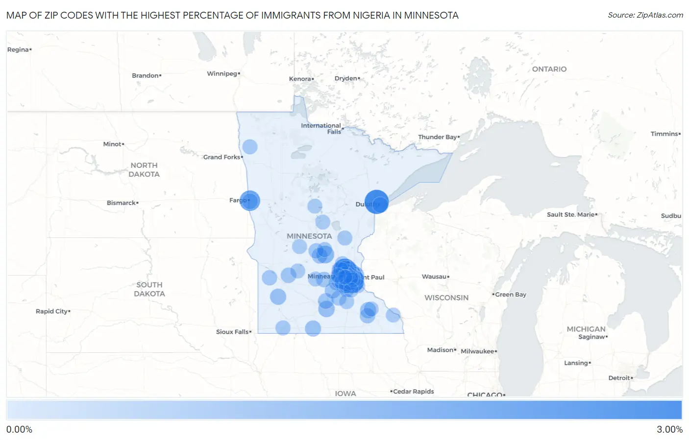 Zip Codes with the Highest Percentage of Immigrants from Nigeria in Minnesota Map