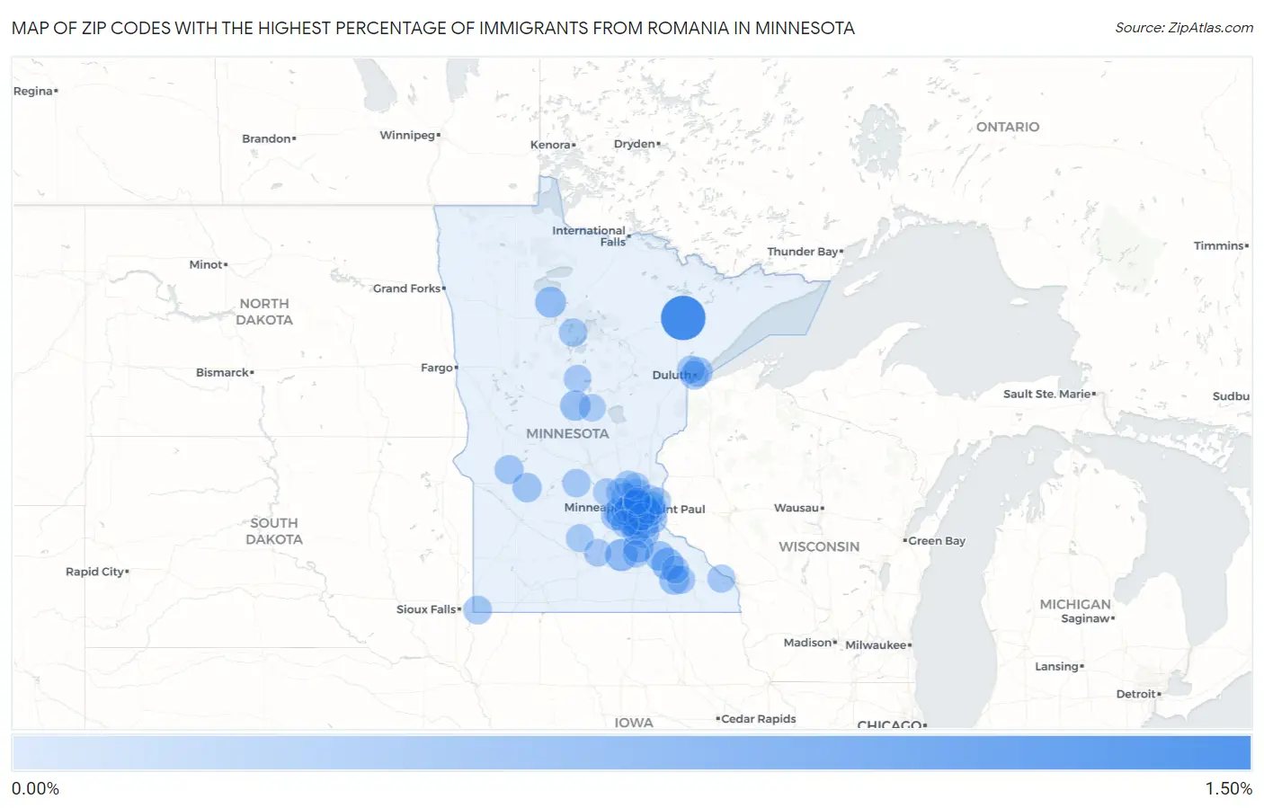 Zip Codes with the Highest Percentage of Immigrants from Romania in Minnesota Map