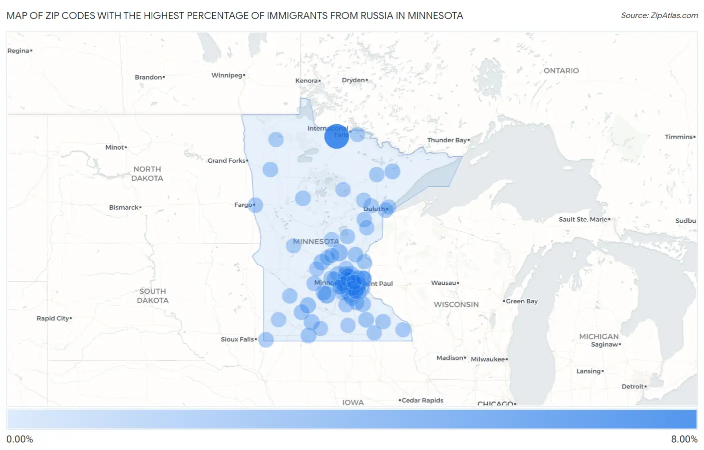 Zip Codes with the Highest Percentage of Immigrants from Russia in Minnesota Map