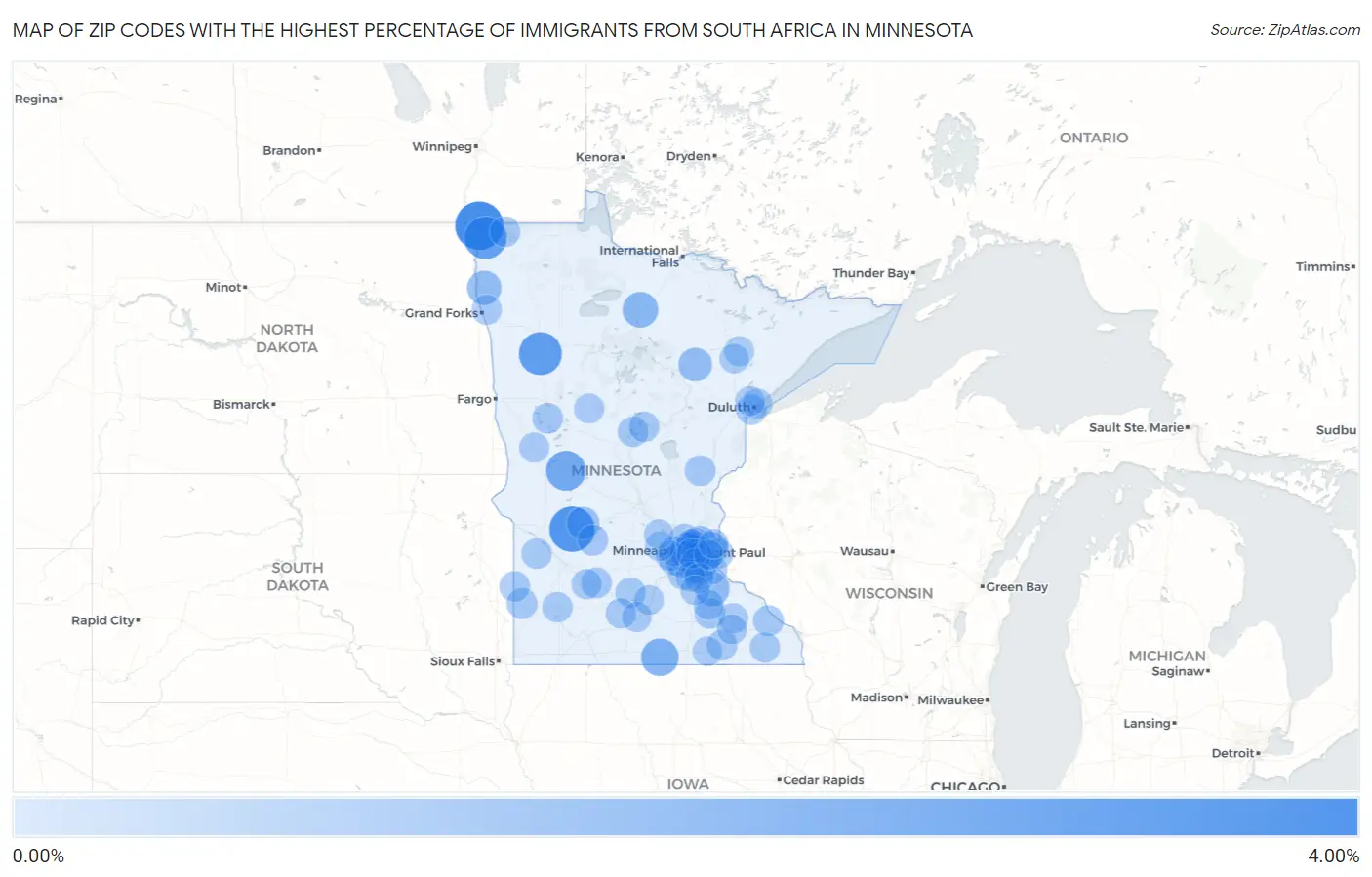 Zip Codes with the Highest Percentage of Immigrants from South Africa in Minnesota Map