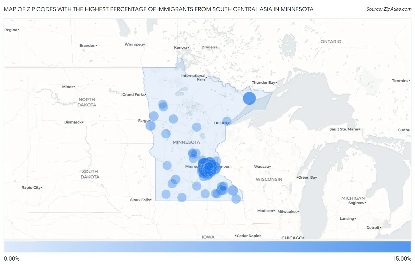 Zip Codes with the Highest Percentage of Immigrants from South Central Asia in Minnesota Map