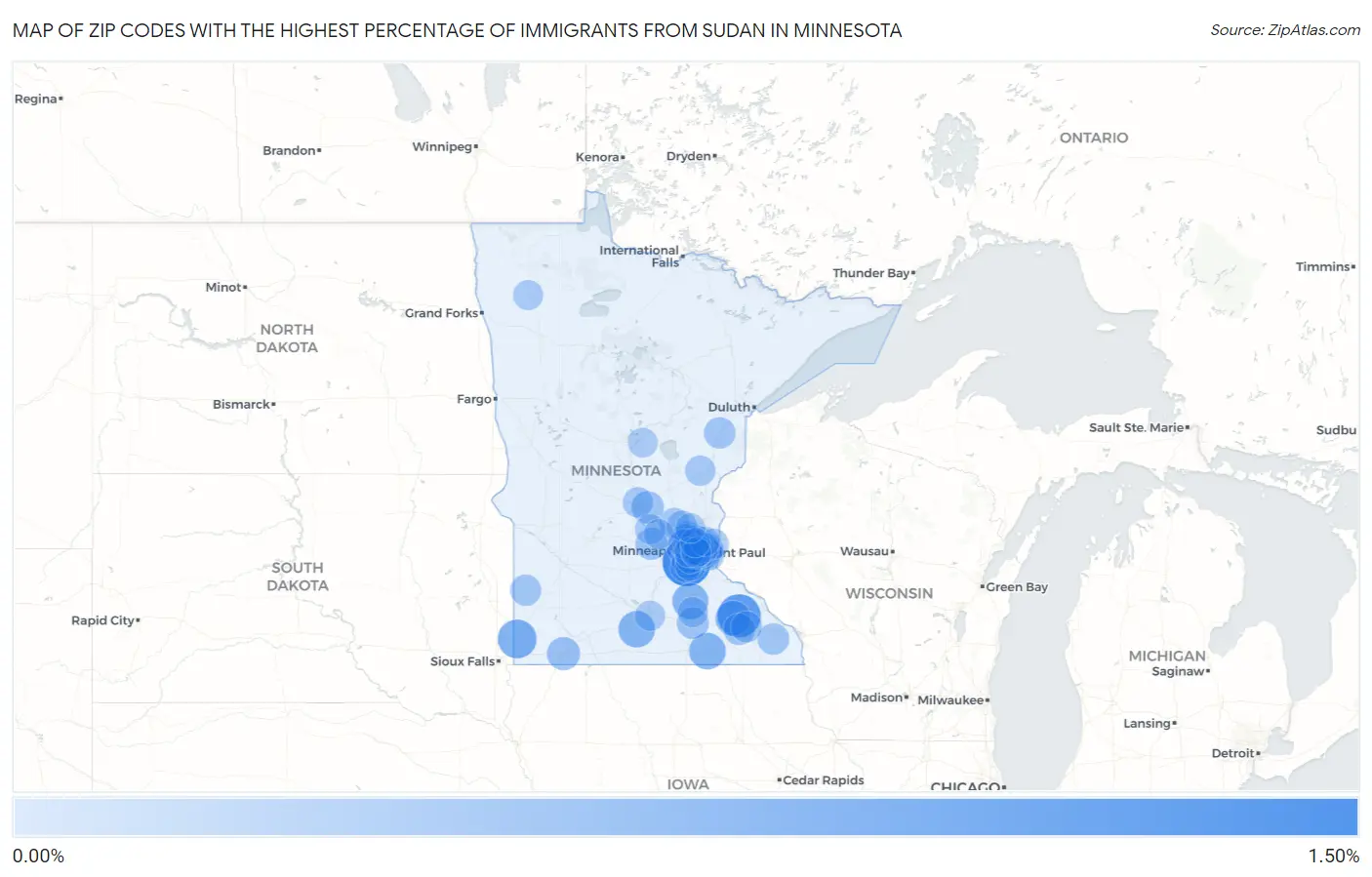 Zip Codes with the Highest Percentage of Immigrants from Sudan in Minnesota Map