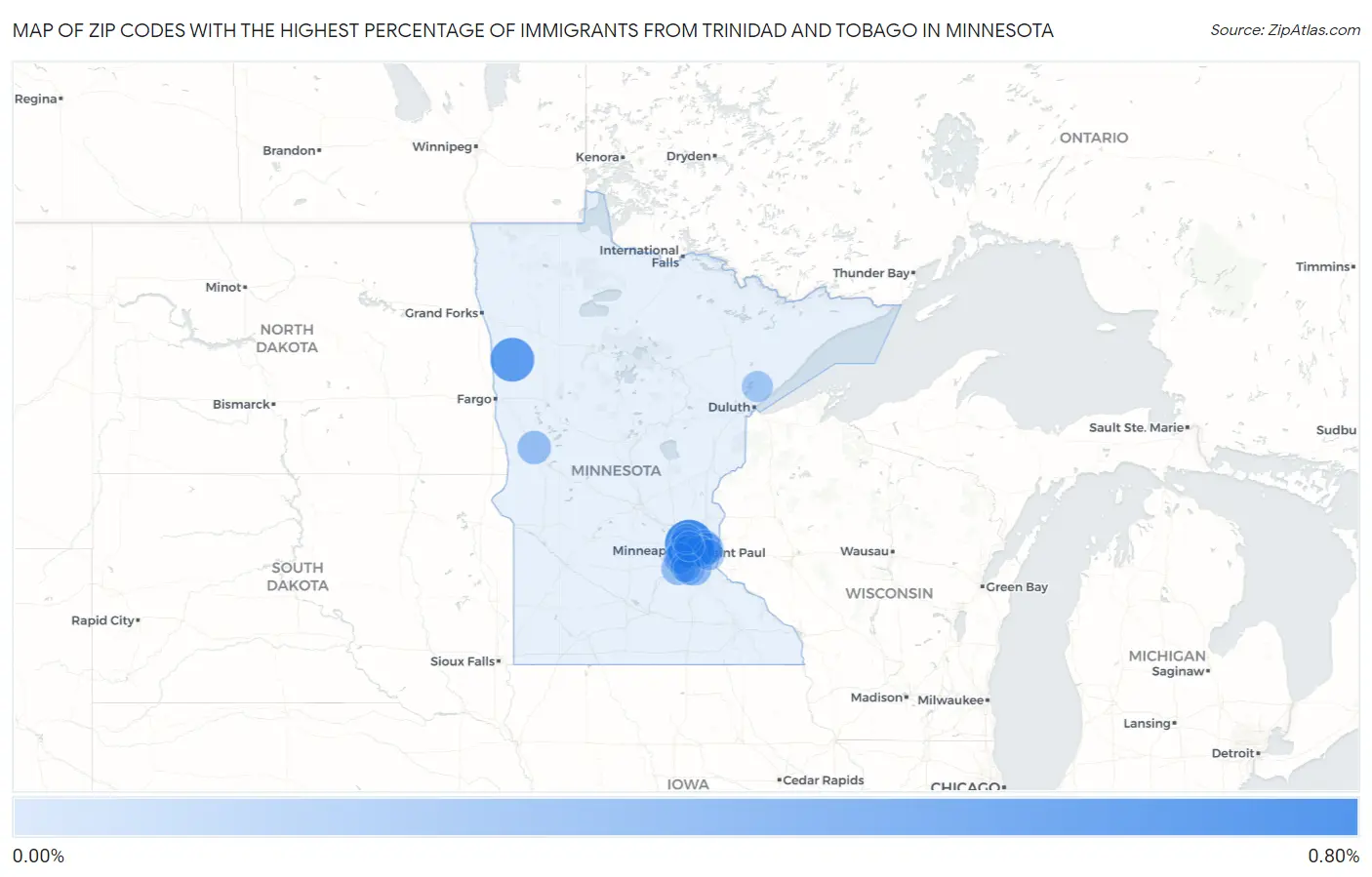 Zip Codes with the Highest Percentage of Immigrants from Trinidad and Tobago in Minnesota Map