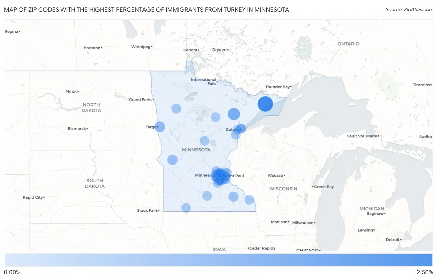 Zip Codes with the Highest Percentage of Immigrants from Turkey in Minnesota Map