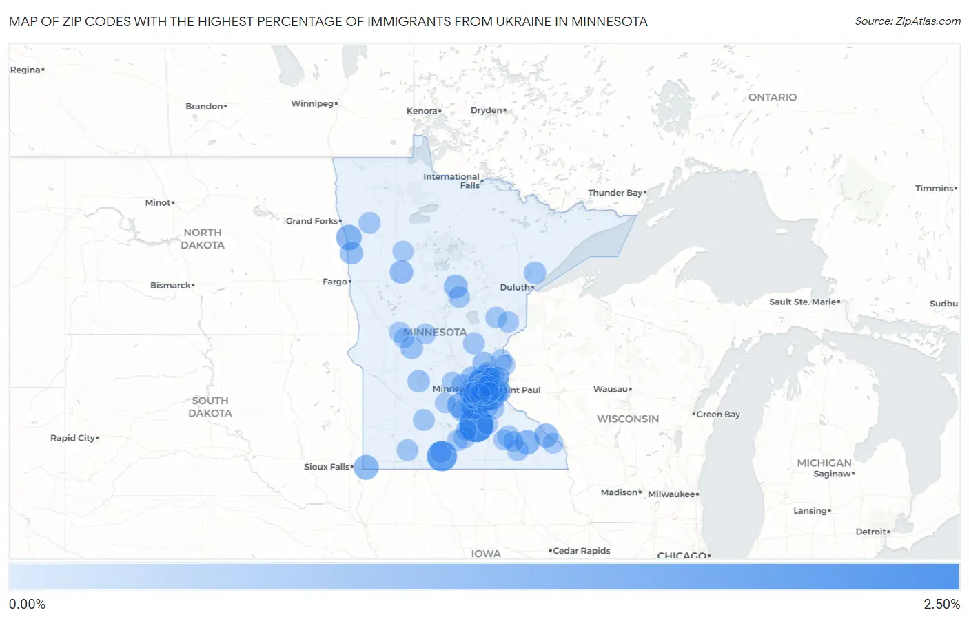 Zip Codes with the Highest Percentage of Immigrants from Ukraine in Minnesota Map