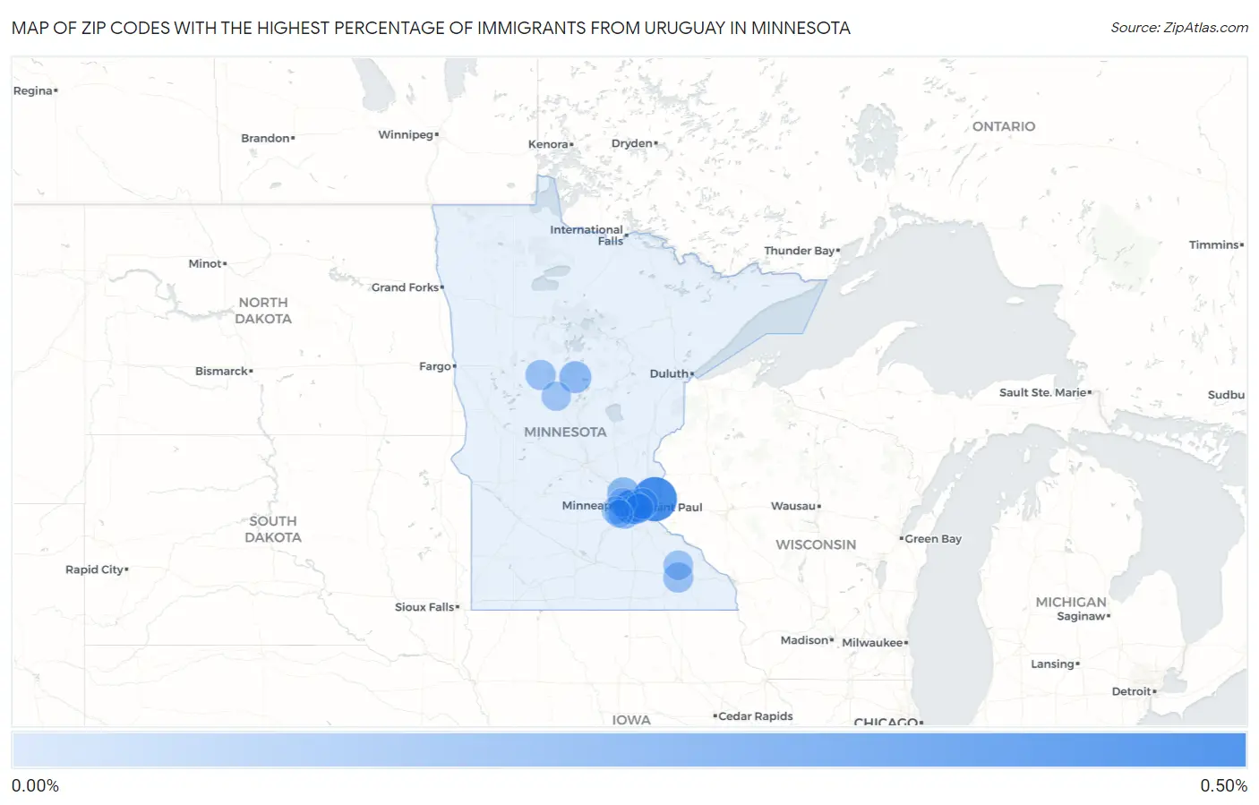 Zip Codes with the Highest Percentage of Immigrants from Uruguay in Minnesota Map