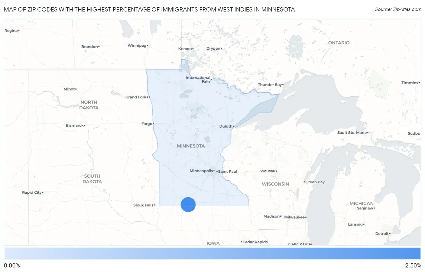 Zip Codes with the Highest Percentage of Immigrants from West Indies in Minnesota Map