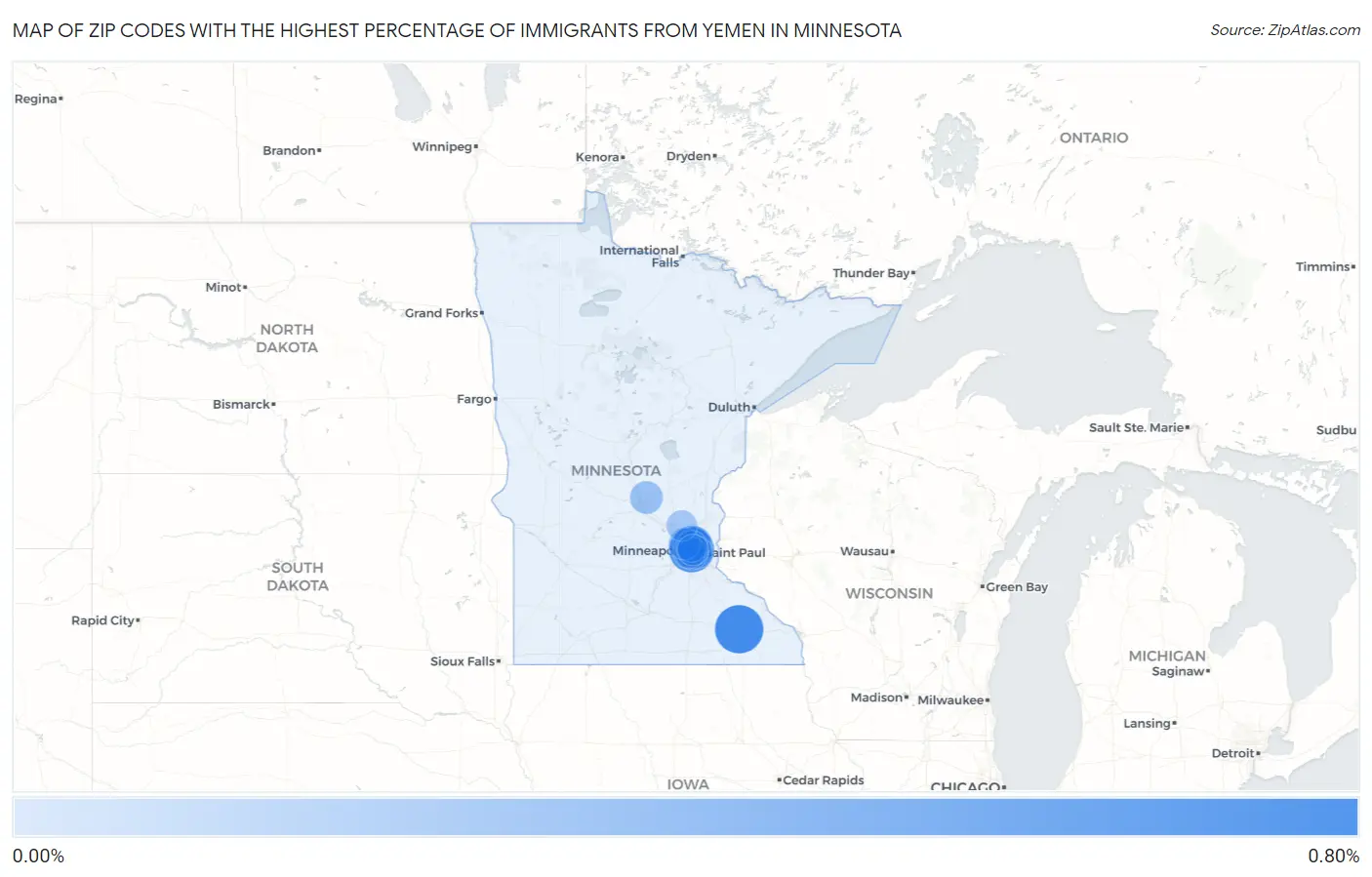 Zip Codes with the Highest Percentage of Immigrants from Yemen in Minnesota Map