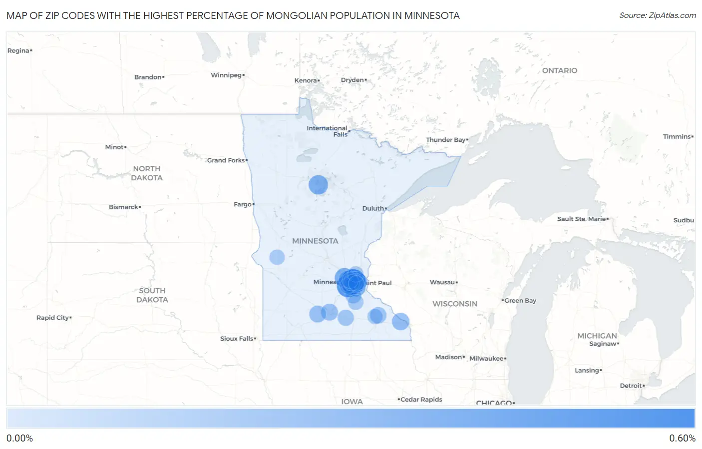 Zip Codes with the Highest Percentage of Mongolian Population in Minnesota Map