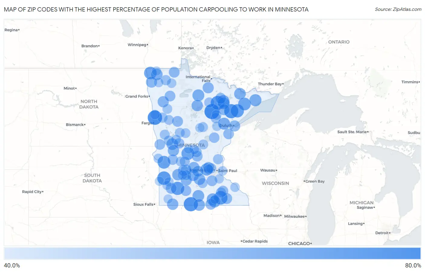 Zip Codes with the Highest Percentage of Population Carpooling to Work in Minnesota Map